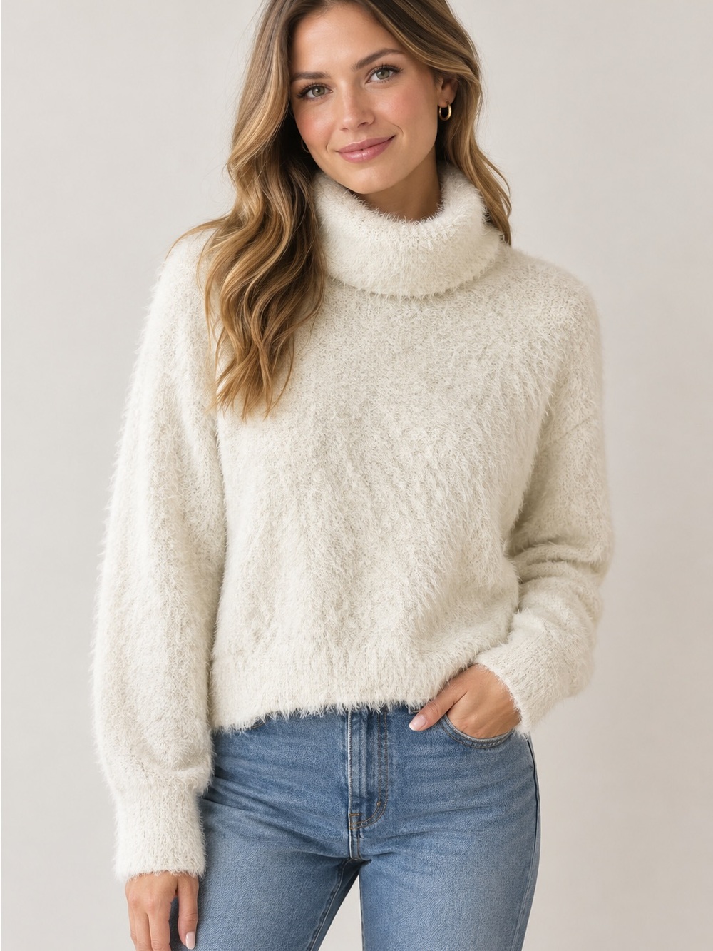 Bella Dahl Cozy Women's Cream Turtleneck Fuzzy Sweater Size Small
